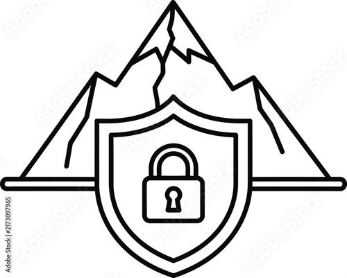 Shield Security Icon Featuring a Mountain Peak Silhouette and Central Padlock in Monoline Outline Style