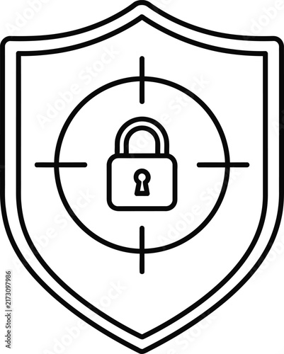 Target Crosshair Shield With Central Padlock Icon Featuring Thin Aiming Reticle Lines for Cyber Security Protection