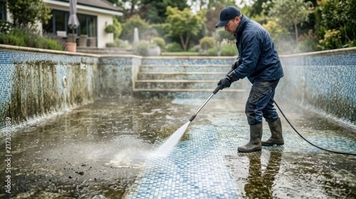 Man cleaning a very dirty tiled swimming pool with high pressure washer and water during maintenance.