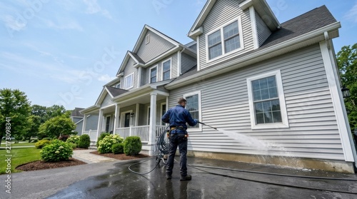 Man operating pressure sprayer to clean grey vinyl siding on suburban residential home exterior during routine spring service.