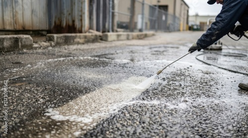 Operator cleans grease stained concrete pavement using high pressure water wand with soapy foam in industrial alleyway.