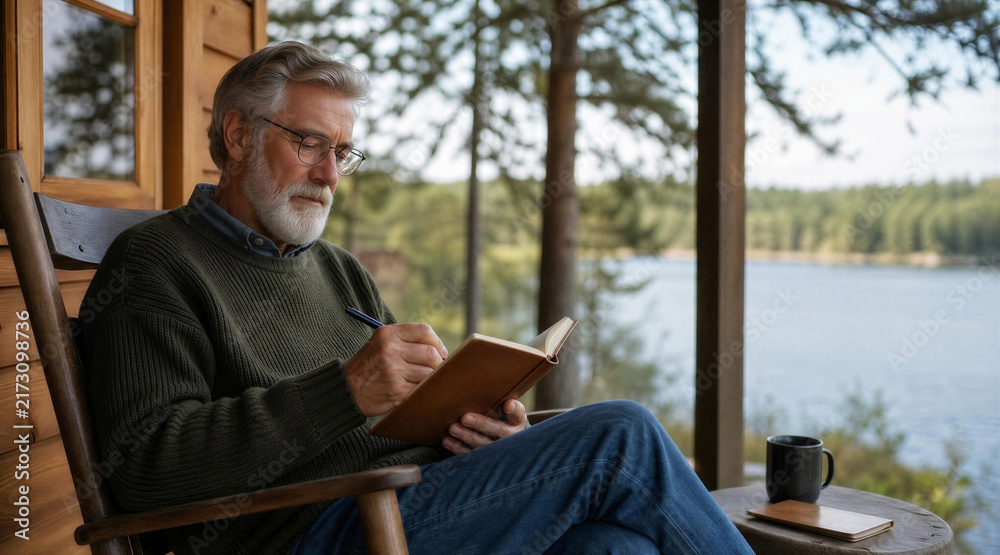 Fototapeta premium Senior Man Writing in Journal on Cabin Porch by Lake