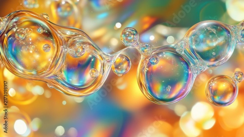 Iridescent fluid bubbles with colorful bokeh background