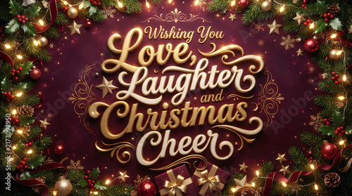 Elegant christmas greeting card design featuring golden 3d typography wishing love laughter and christmas cheer surrounded by festive pine branches and glowing fairy lights background