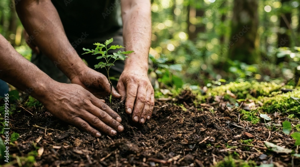 Fototapeta premium A pair of hands planting a young tree in rich soil in a forest.