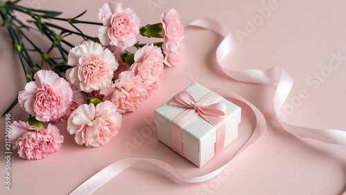 Pink gift box wrapped with pink flowers and ribbon on soft background