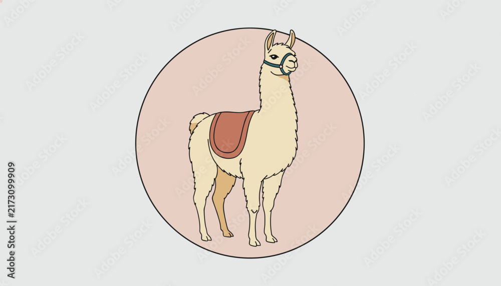 Naklejka premium Llama wearing a saddle standing inside a soft pink circle frame isolated on a neutral light grey background vector art.