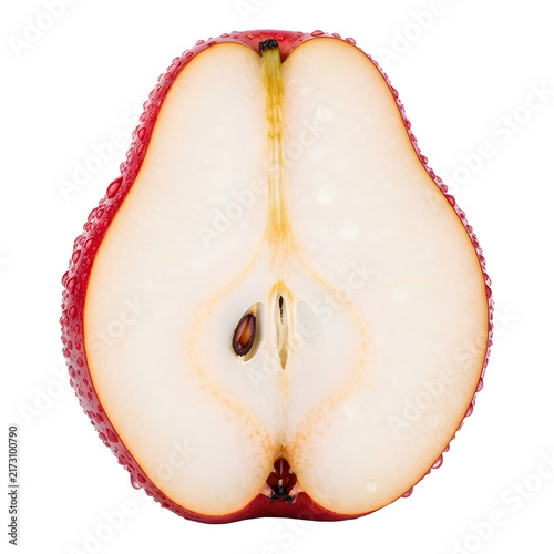 Red pear half with water droplets isolated on transparent background