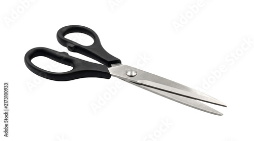 Cuadro en lienzo Sharp metal scissors featuring ergonomic black handles isolated on white backgro