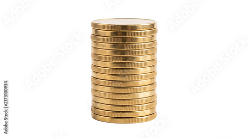 Obraz na plátně Tall stack of shiny gold coins isolated on white background
