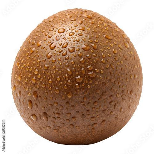 Wet brown textured sphere with water droplets on transparent background