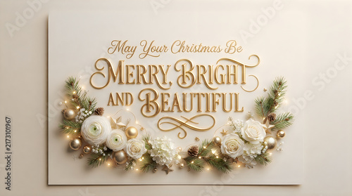 Elegant christmas greeting card design featuring gold metallic calligraphy text surrounded by white flowers pine branches and glowing fairy lights on a soft neutral background