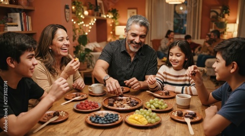 Family Dessert Gathering: A heartwarming scene of a multi-generational family enjoying a sweet dessert spread around a wooden table, sharing laughter and creating cherished memories.