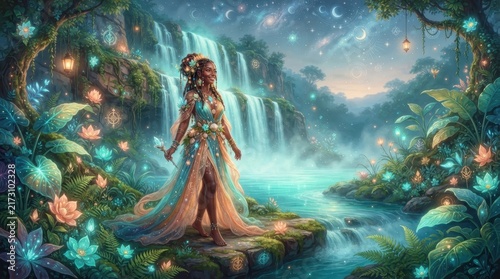 Enchantress of the Falls: A mystical woman in an ethereal gown stands beside a cascading waterfall, surrounded by glowing flora and a starlit sky. The scene evokes a sense of magic and wonder.