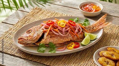 Whole fried fish with sliced peppers and lime served on a rustic wooden table in a sunny garden area. Jamaican Cuisine