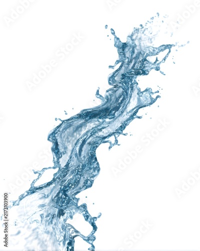 Clear water splash trail forming diagonal movement, liquid texture isolated on white background