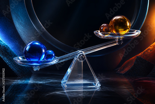 Clear glass balance form with asymmetric cobalt and amber weights