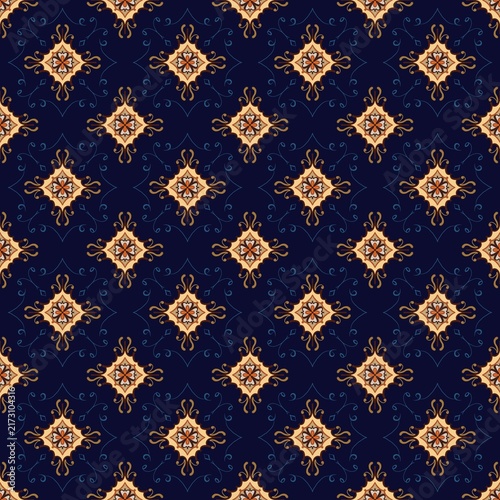 Elegant luxury gold and blue oriental floral seamless pattern 