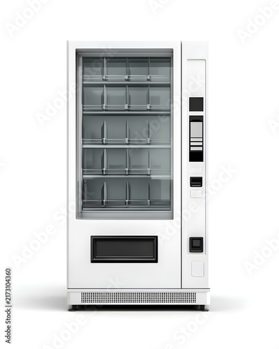 Empty white vending machine mockup with blank screen, retail equipment isolated on white background