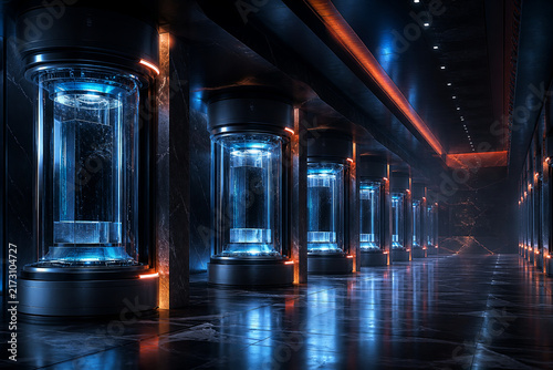Cryogenic archive corridor lined with sealed illuminated storage chambers