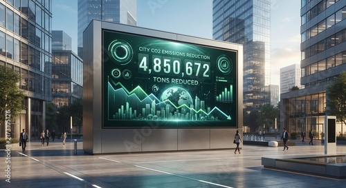 Urban Institutional Billboard Displaying Metropolitan CO2 Reduction Counter