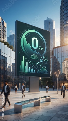 Urban Institutional Billboard Displaying Metropolitan CO2 Reduction Counter