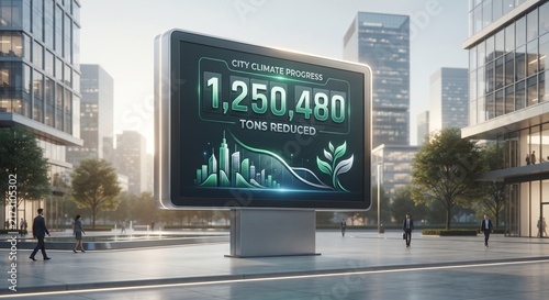 Modern City Billboard Showing CO2 Emissions Reduction Progress Counter
