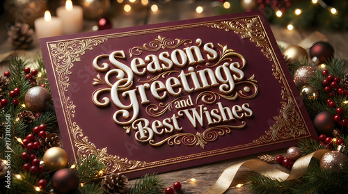 Elegant burgundy christmas greeting card with gold embossed lettering surrounded by festive pine branches ornaments candles and warm bokeh lights on a rustic wooden background