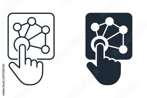 Vector icons set a hand cursor touching a neural network node  a  square button.Machine learning activation, AI data processing trigger, interactive connection, algorithm start, technology control 
