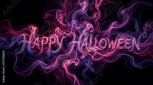 A vibrant and spooky halloween image featuring glowing text and swirling ethereal smoke effects