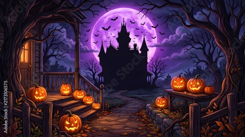 A spooky halloween night scene featuring a haunted castle silhouetted against a vibrant full moon