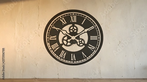 Vintage wall clock with roman numerals and visible internal mechanical gears hanging on rustic plaster wall