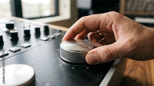 Close-up of a person hand adjusting a silver volume knob on audio gear