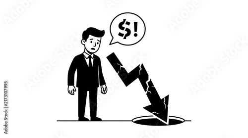 Worried businessman looking at broken downward arrow pointing into financial hole representing bankruptcy and market crash with economic crisis