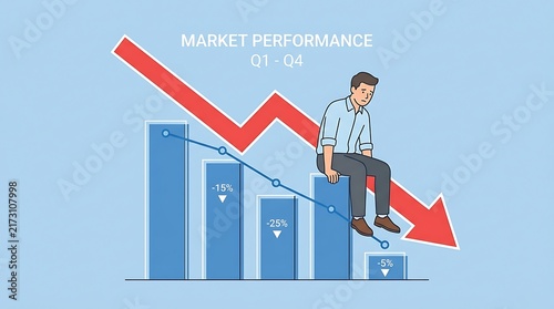 Frustrated businessman sitting on declining market performance chart with falling red arrow and financial data economic crisis bar graph downturn