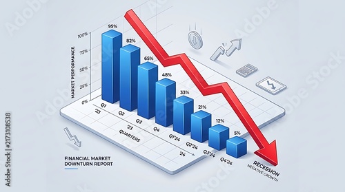 Isometric financial bar chart showing negative growth and market downturn with a red downward trend arrow economic loss business graph financial