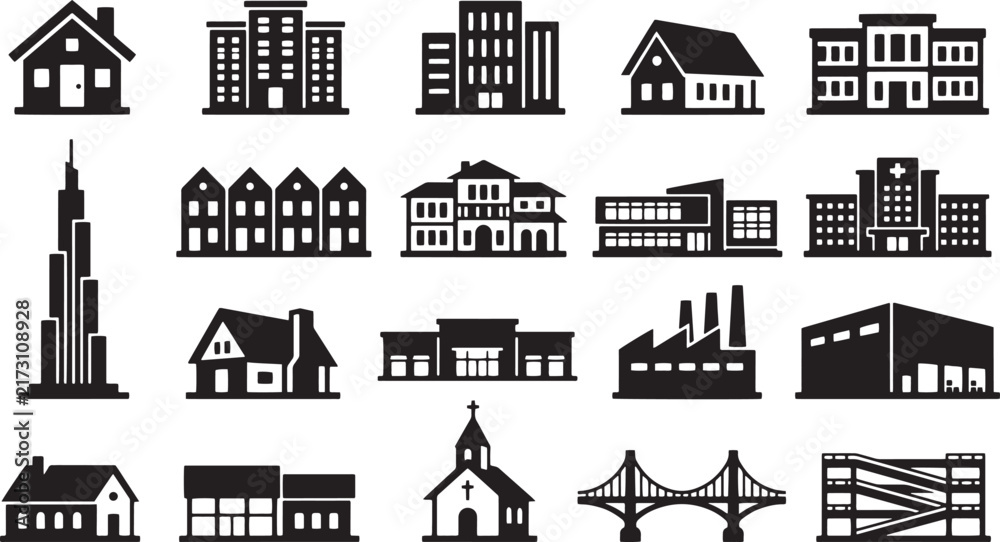 Obraz premium Real Estate Buildings City Infrastructure and Landmark Vector Icon Set