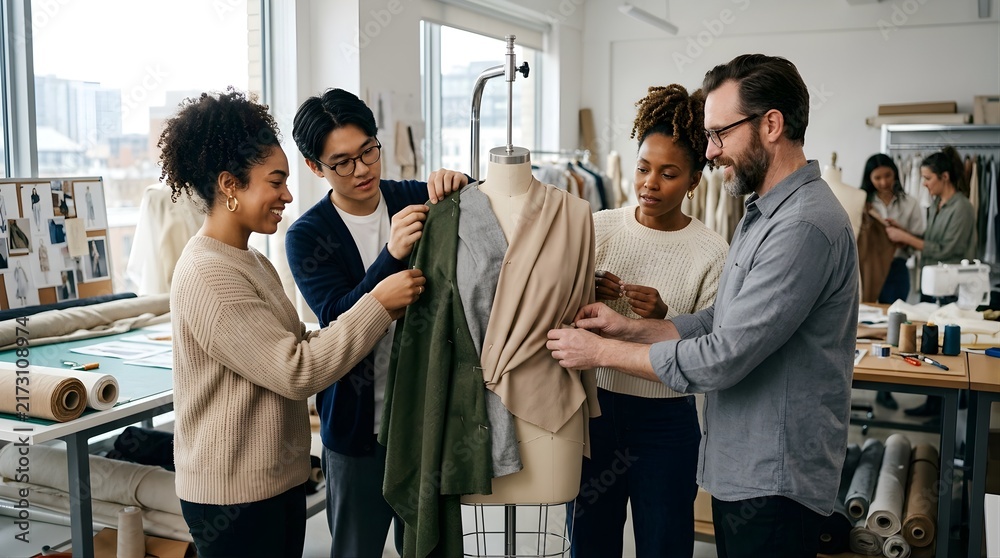Obraz premium Diverse fashion design team working together on clothing in studio