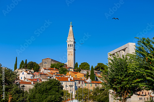 Canvastavla Bell Tower Above Historic Rooftops in Rovinj Croatia