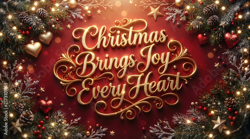 A festive christmas background featuring elegant gold calligraphy text surrounded by pine branches pinecones glowing fairy lights and heart ornaments on a deep red backdrop