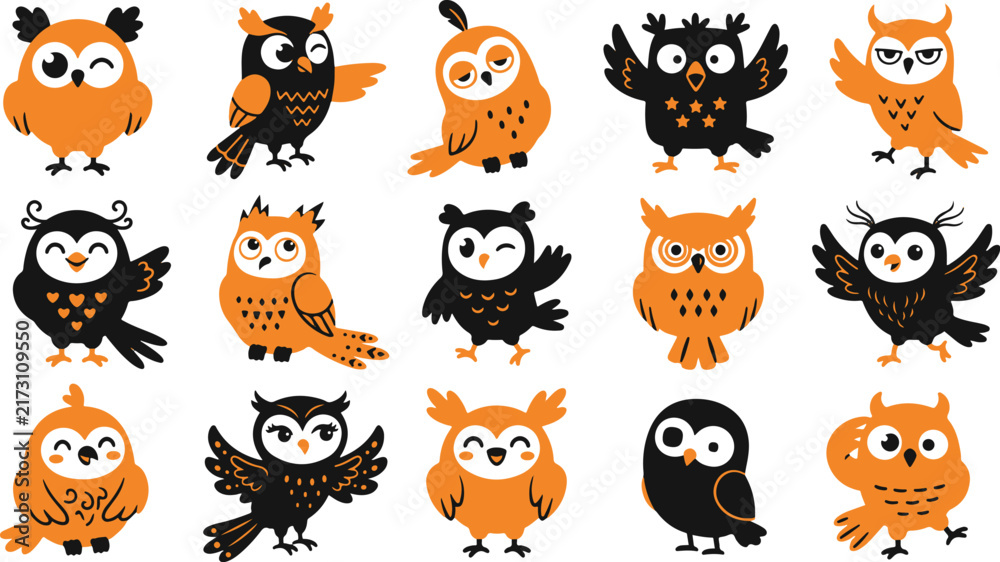 Fototapeta premium Set of cute hand drawn cartoon owls in black and orange colors on a white background