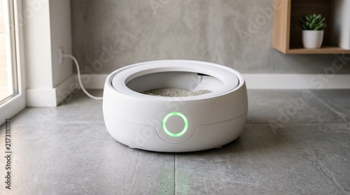 Sleek automated self cleaning cat litter box on grey floor