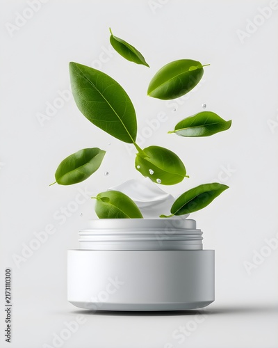 White vitamin jar with floating green leaves, wellness product mockup isolated on white background