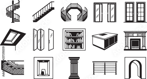 Interior Architecture Design Elements Stairs Doors and Decor Vector Icon Set