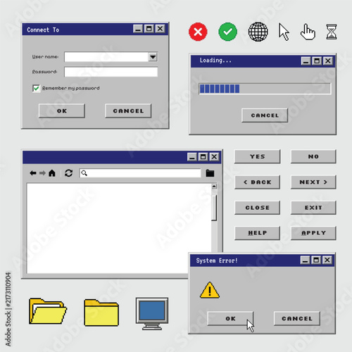 Retro 1990s Computer Interface Elements and Pixel UI Icons Collection