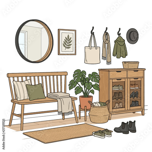 Cozy entryway bench with shoe cabinet and accessories. Vector line art illustration. Isolated on a white background