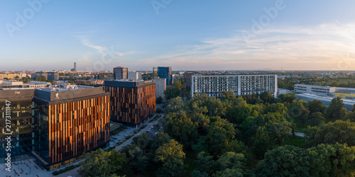 Fotografía Modern office district and Wroclaw skyline in evening light