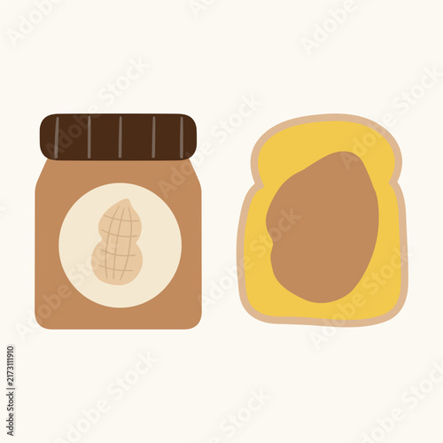flat vector illustration of peanut butter jar with nut icon and toasted bread slice with butter spread autumn bakery food cafe menu isolated design