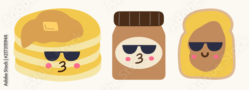 cute pancakes stack peanut butter jar and toast character in sunglasses flat vector illustration happy autumn breakfast food mascot collection isolated design