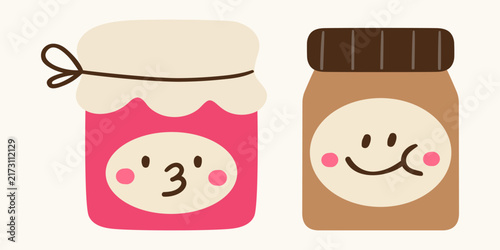cute peanut butter and strawberry jelly jam jar characters flat vector illustration happy autumn breakfast food mascot pair cafe isolated design